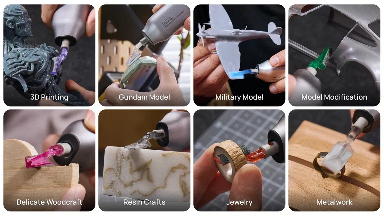 Eight tool uses: 3D printing, Gundam, military model, model modification, woodcraft, resin, jewelry, and metalwork.