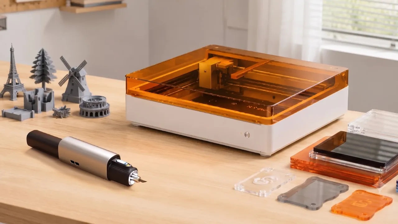 HOZO cutting knife on desk near laser engraver.