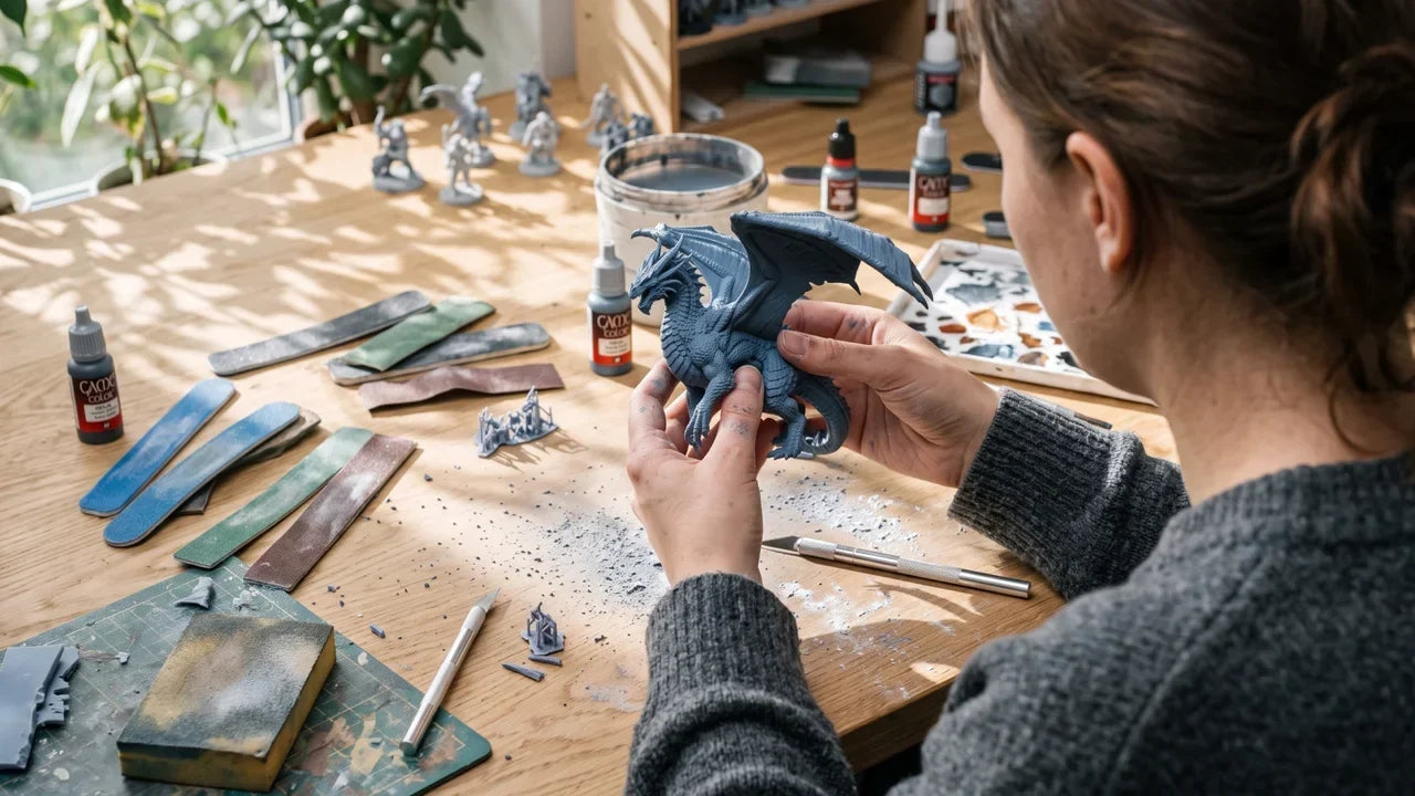 Woman inspecting unpainted 3D printed dragon miniature on hobby workbench
