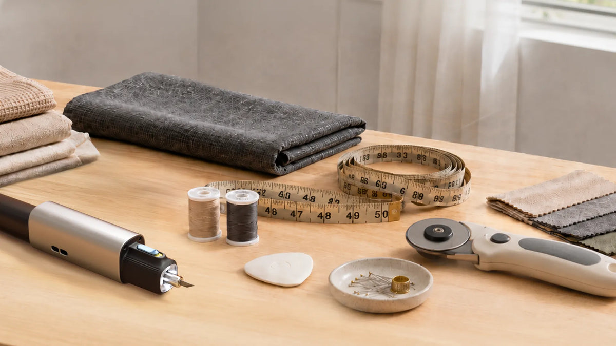 A flat lay of sewing supplies on a wooden table, including thread spools, a tape measure, straight pins, a rotary cutter, fabric swatches, and an electric seam ripper.