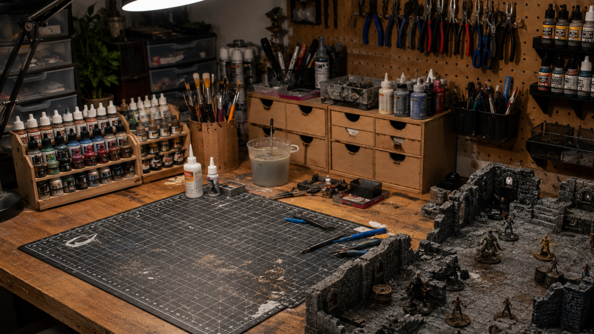 A highly organized model-making workbench featuring a self-healing cutting mat, neatly stored acrylic paints, precision tools for makers, and a detailed tabletop diorama under bright lighting.