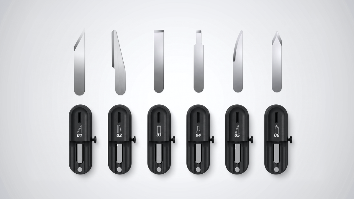 Six different NeoBlade ultrasonic cutter blade profiles displayed above their corresponding black magnetic covers, designed for safe, touch-free blade replacement and disposal.